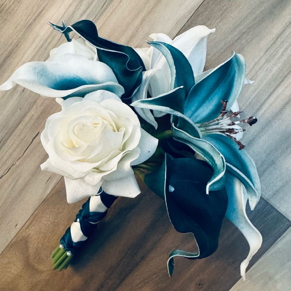 Teal White Floral Calla Lily Rose Wedding Bridal Bouquet